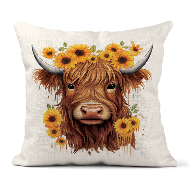 Highland Cow with Sunflowers linen cushion pillow high quality print