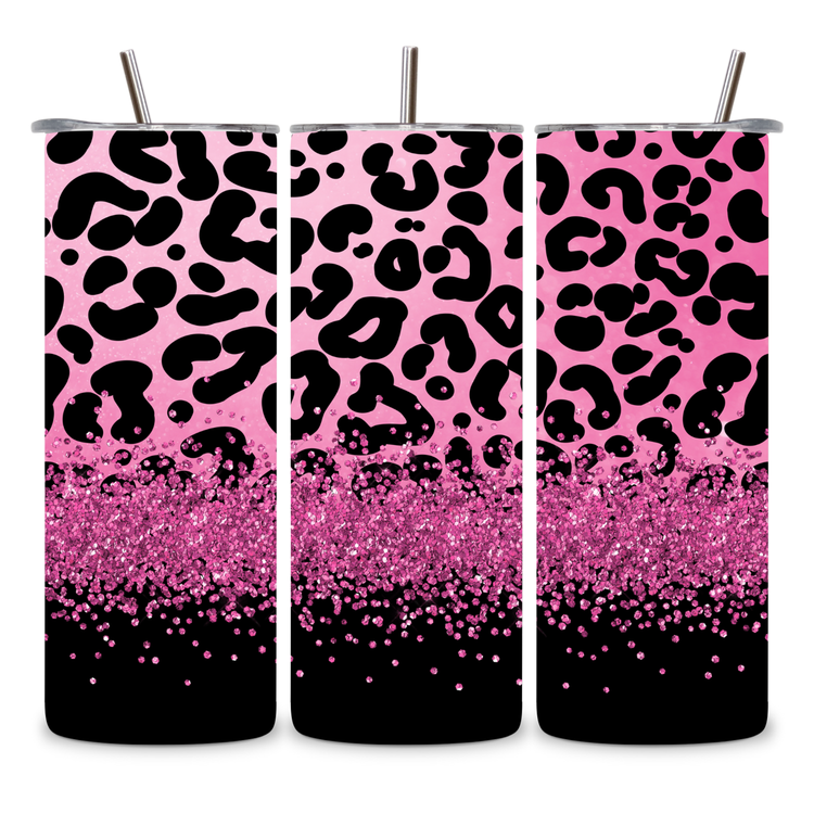 pink glitter cheetah stainless steel tumbler