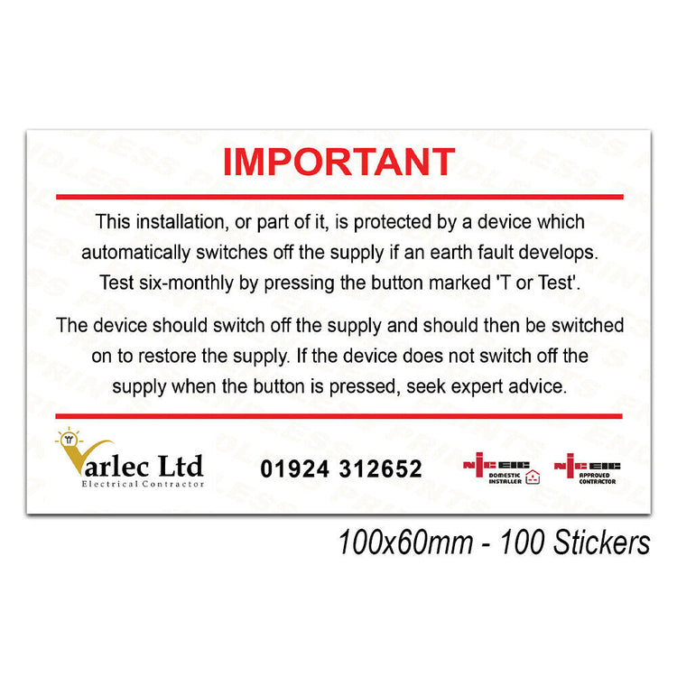 Electrical Inspection Monthly RCD Test LOGO Labels/Stickers 100mmx60mm X 100