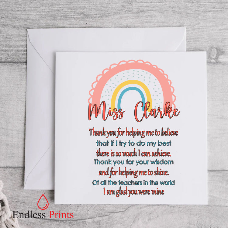 personalised teacher school leaving end of term greeting card