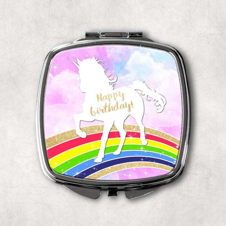 Unicorn Happy Birthday Square Pocket Compact Mirror:Compact MirrorEndlessPrintsUK
