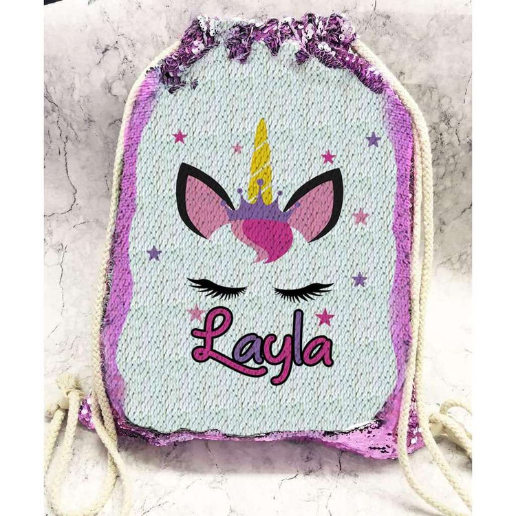 Unicorn Lashes Drawstring Bag - Sequin Reveal (Pink, Blue or Black):CushionEndlessPrintsUK