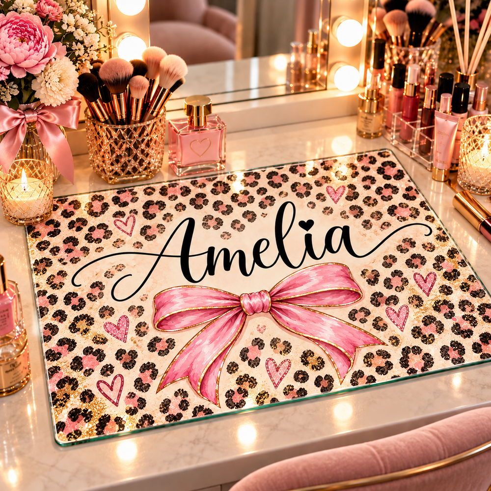 leopard print and pink bow vanity make up topper for dressing table glass
