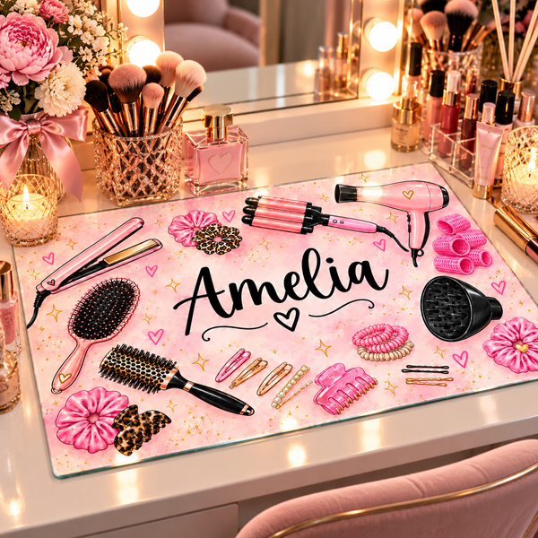 Personalised Glass Hair Styling & Makeup Board – Pink Beauty Essentials Design