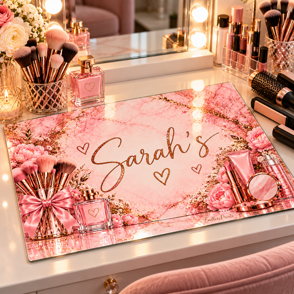 Personalised Glass Makeup & Hair Styling Board – Pink Marble & Rose Gold