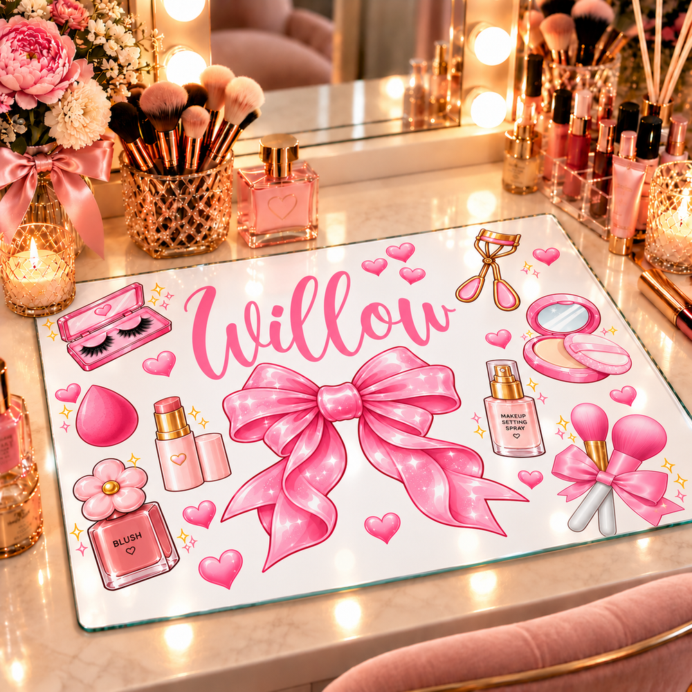 Personalised Glass Hair Styling & Makeup Board - Pink Makeup & Bow