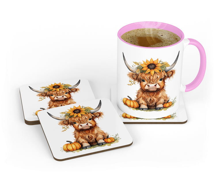 Set of 4 Highland Cow Coasters & Pink Handle Mug