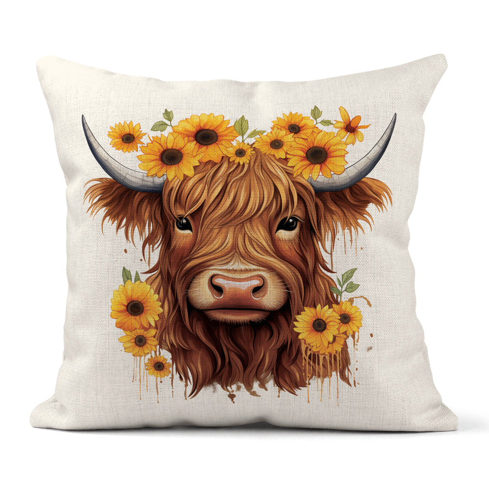 Highland Cow with Sunflowers linen cushion pillow high quality print