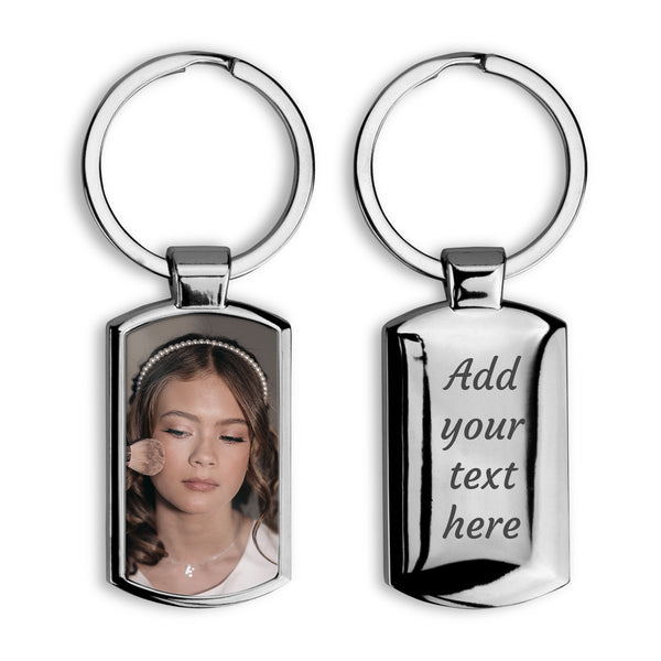 Silver metal  keychains personalised with photo and engraved text on the back 
