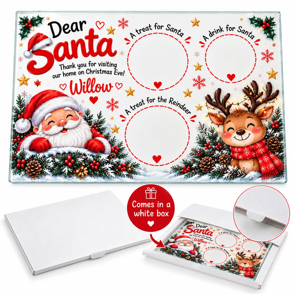 Personalized Christmas gift box insert with Santa and reindeer illustrations, red circular photo cutouts, and a white box shown open and closed on a white background.