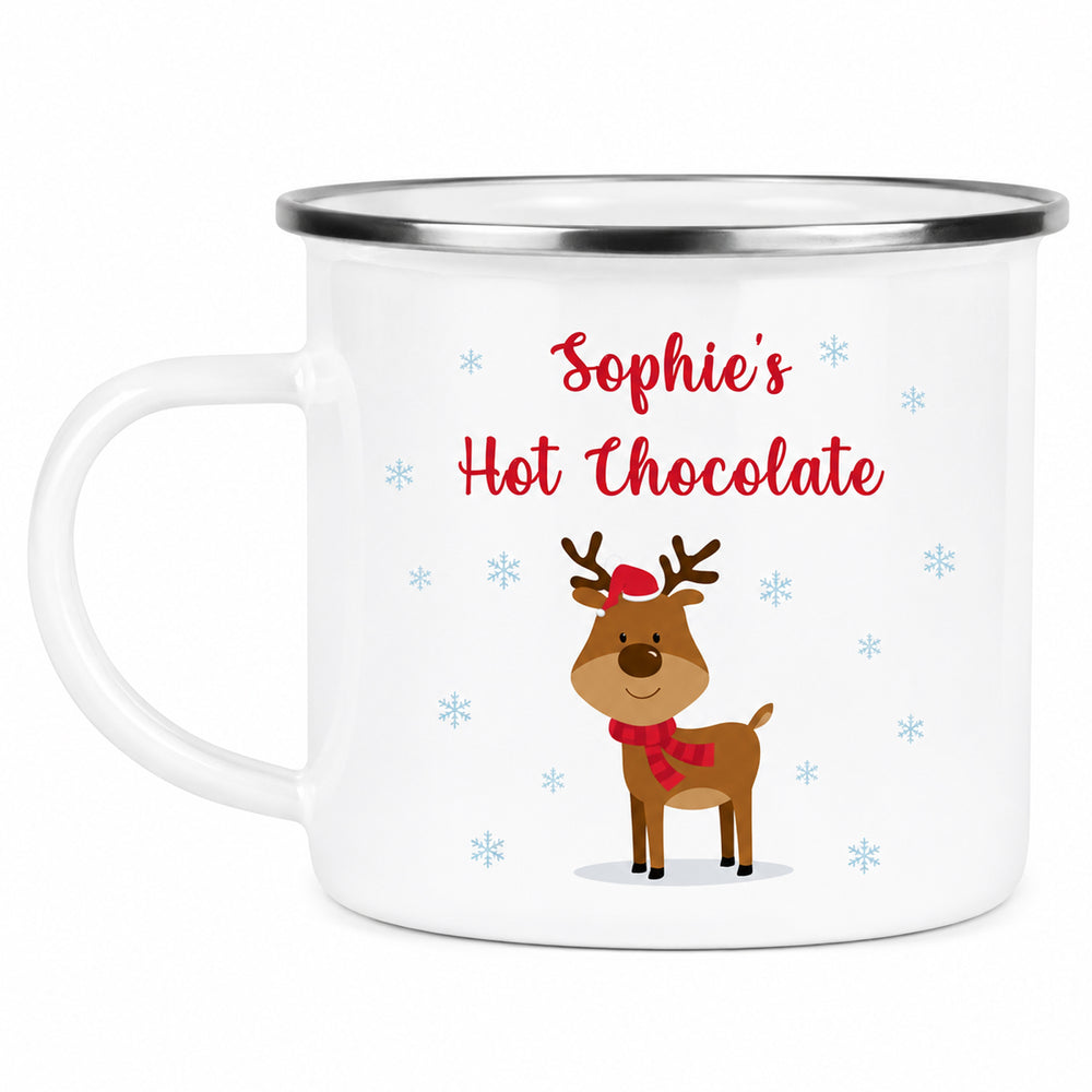 A white enamel-style mug with a silver metal rim, featuring a cartoon brown reindeer wearing a red hat and scarf, with the text 'Sophie's Hot Chocolate' in red and light blue snowflakes on a white background.