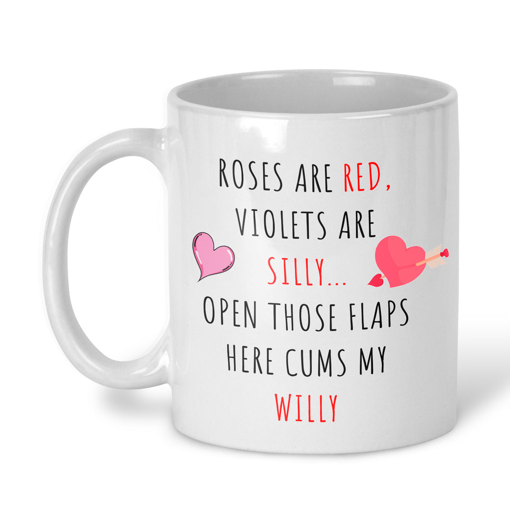 A white ceramic coffee mug with a humorous quote printed on it in black and red text, accented with pink heart graphics, on a clean white background