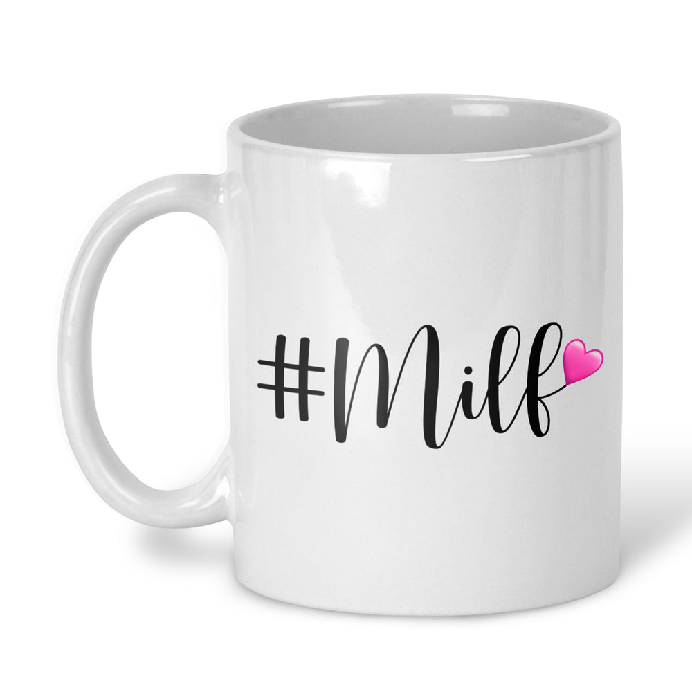 A white ceramic coffee mug with the text '#Milf' printed in black script and a small pink heart, shown on a clean white background.