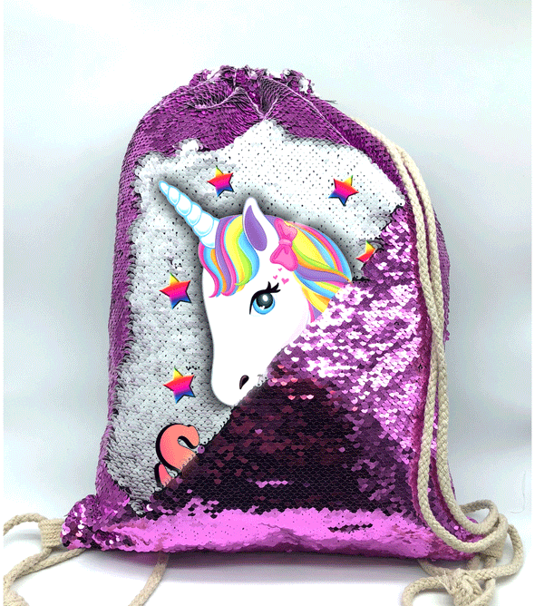 Unicorn Drawstring Bag - Sequin Reveal (Pink, Blue, Silver, Gold or Black):Cushion