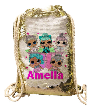 Personalised Lol Dolls Suprise Drawstring Bag - Sequin Reveal (Pink, Blue or Black):CushionEndlessPrintsUK