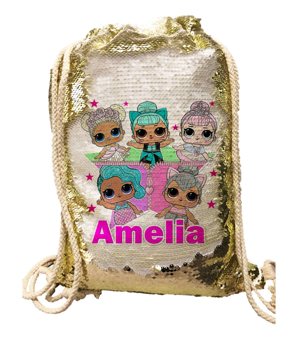 Personalised Lol Dolls Suprise Drawstring Bag - Sequin Reveal (Pink, Blue or Black):CushionEndlessPrintsUK