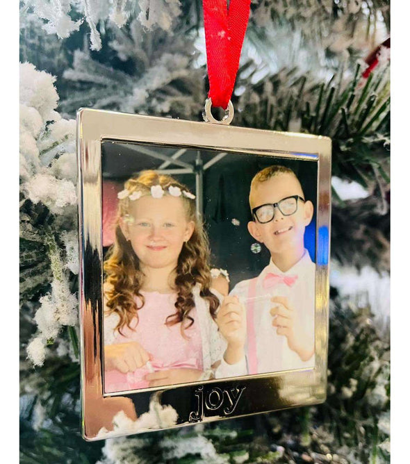 Personalised Silver Love / Joy  Frame Christmas Tree Decoration: