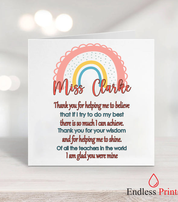 personalised teacher school leaving end of term greeting card